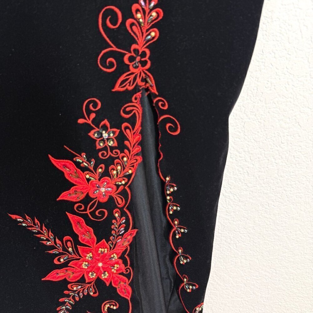 Vintage Cheongsam Qipao Dress Gown Black Velvet Red Long Maxi Hand Sewn Lace XS - Picture 9 of 12